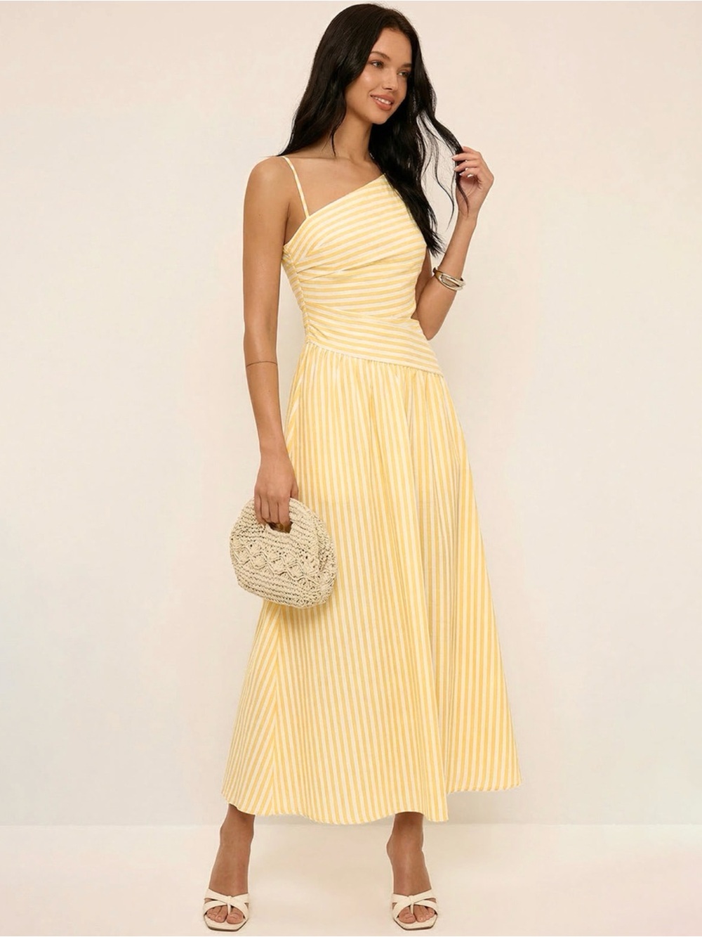 Commense Yellow Striped One-Shoulder Maxi Dress with Spaghetti Strap